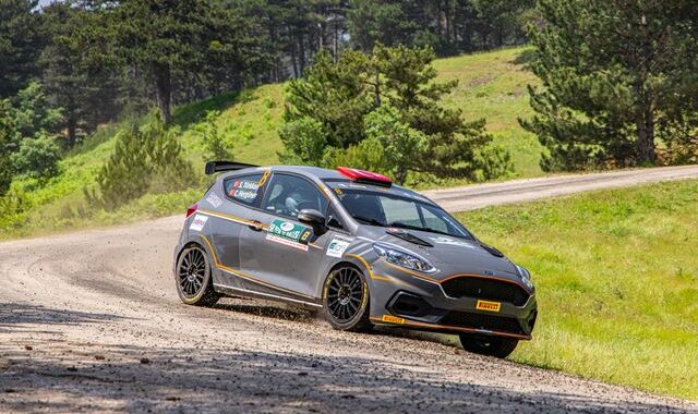 A rally car on a gravel road among trees